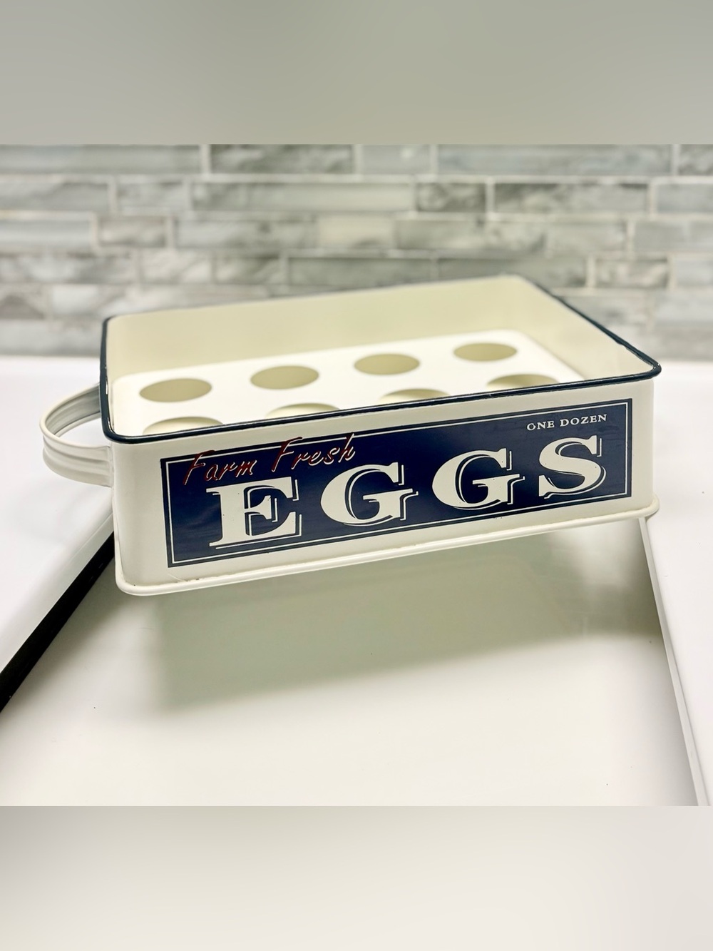Vintage Farmhouse Enamel Egg Holder Caddy - Metal Tray Countertop Basket 1 Dozen